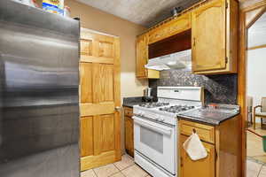 Kitchen with tasteful backsplash, light tile patterned floors, dark stone countertops, gas range gas stove, and stainless steel fridge