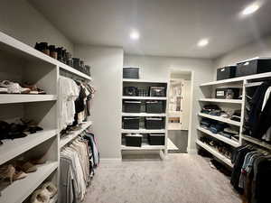 Spacious closet featuring light carpet