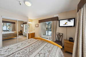 Bedroom with a wall mounted AC, light colored carpet, a closet, and ensuite bathroom