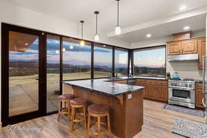 Kitchen with a breakfast bar, stainless steel appliances, light hardwood / wood-style floors, and hanging light fixtures