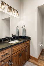 Bathroom featuring wood-type flooring and vanity