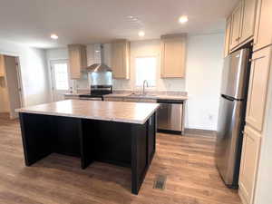 Kitchen featuring wall chimney exhaust hood, a center island, stainless steel appliances, light wood-type flooring, and sink