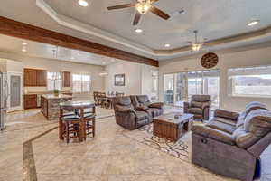 Living room featuring ceiling fan and a tray ceiling