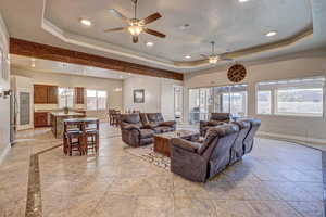 Living room featuring ceiling fan and a raised ceiling