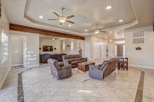 Living room featuring a raised ceiling