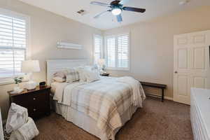 Bedroom with ceiling fan, multiple windows, and dark colored carpet