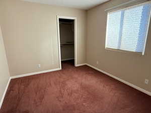 Unfurnished bedroom featuring carpet, a closet, and a spacious closet