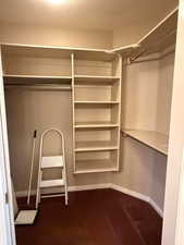 Walk in closet with dark carpet