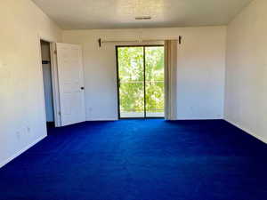 Spare room with dark carpet and a textured ceiling