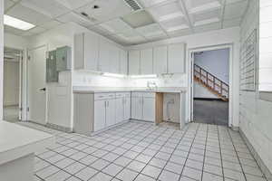 Kitchen with sink, coffered ceiling, electric panel, and white cabinetry