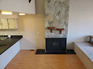 Room details featuring sink, hardwood / wood-style floors, and a fireplace