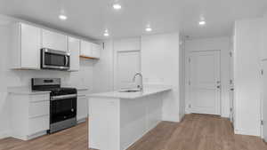 Kitchen featuring light hardwood / wood-style floors, appliances with stainless steel finishes, white cabinetry, sink, and kitchen peninsula