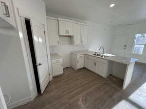 Kitchen with white cabinets, kitchen peninsula, dark hardwood / wood-style flooring, and sink