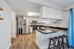 Kitchen with light wood-type flooring, white cabinetry, kitchen peninsula, and appliances with stainless steel finishes