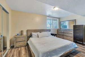 Bedroom with dark wood-type flooring, a textured ceiling, and a closet