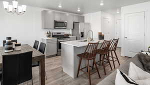 Kitchen with hanging light fixtures, appliances with stainless steel finishes, light wood-type flooring, gray cabinets, and a center island with sink