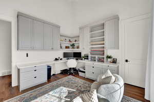 Office space with dark hardwood / wood-style flooring and built in desk