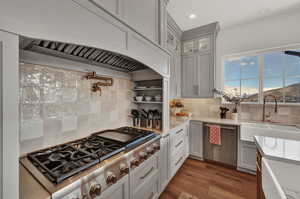 Kitchen featuring custom range hood, sink, backsplash, dark hardwood / wood-style floors, and stainless steel appliances