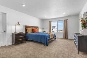 Bedroom with a textured ceiling and light colored carpet