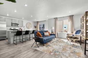 Living room featuring sink, light hardwood / wood-style flooring, and a textured ceiling