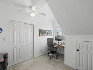 Office space with light carpet, vaulted ceiling, a textured ceiling, and ceiling fan