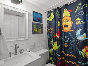 Bathroom featuring toilet, vanity, wooden walls, and a textured ceiling