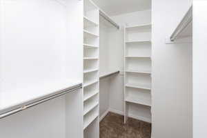 Walk in closet with dark carpet