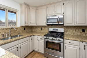 Kitchen with sink, white cabinetry, decorative backsplash, and stainless steel appliances