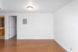 Spare room featuring sink, electric panel, and dark hardwood / wood-style flooring