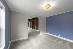 Carpeted spare room featuring a textured ceiling