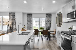 Kitchen featuring gray cabinets, sink, appliances with stainless steel finishes, and a center island with sink