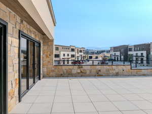 View of patio featuring a mountain view