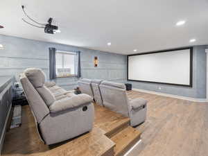 Home theater room featuring hardwood / wood-style flooring