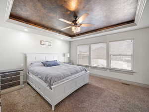 Bedroom with ceiling fan, multiple windows, and a tray ceiling