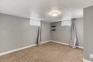 Basement with light colored carpet and a textured ceiling