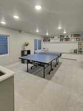 Playroom with light carpet and built in shelves