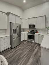 Kitchen featuring dark wood-type flooring, sink, light stone counters, and stainless steel appliances