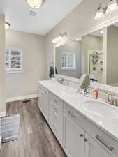 Bathroom with hardwood / wood-style flooring and vanity