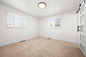 Carpeted empty room with a healthy amount of sunlight and a barn door