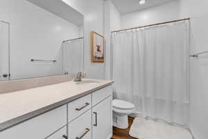 Bathroom with hardwood / wood-style flooring, toilet, vanity, and a shower with curtain