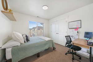 Carpeted bedroom with a closet