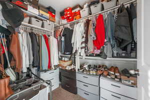 Walk in closet with carpet floors