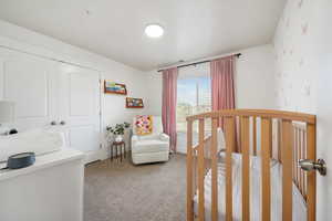 Carpeted bedroom featuring a closet and a crib