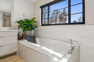 Bathroom with hardwood / wood-style flooring and vanity