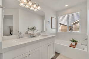 Bathroom featuring vanity, a tub, and wood-type flooring