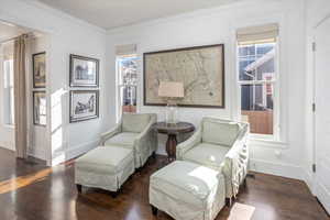 Living area with dark wood-type flooring, a wealth of natural light, and ornamental molding