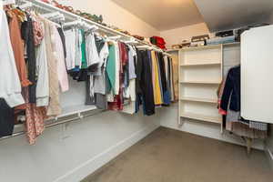 Walk in closet with carpet floors