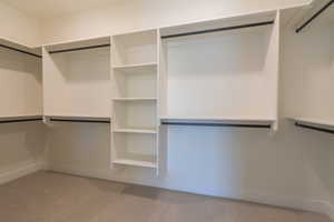 Spacious closet with light colored carpet