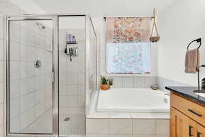 Bathroom with vanity and separate shower and tub