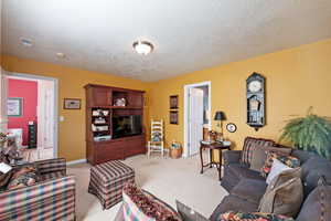 Living room featuring a textured ceiling and light colored carpet